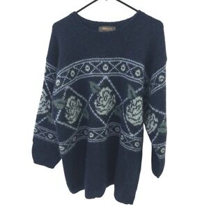 Vintage Mohair Floral Knit Sweater 22/24 Navy Blue Cottagecore Grandmacore